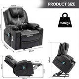 Electric Recliner Chair For Elderly | Riser Massage Armchair in black leather with heat and massage, shown in upright and reclined positions with dimensions.