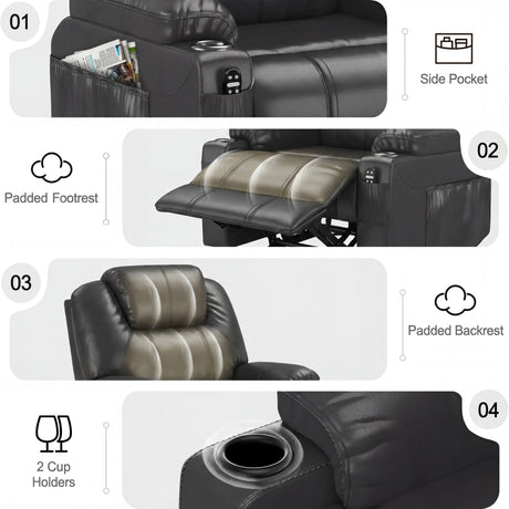 Electric Recliner Chair For Elderly with heat and massage featuring side pocket, padded footrest, padded backrest, and dual cup holders.