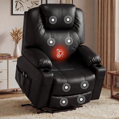 Electric Recliner Chair For Elderly | Riser Massage Armchair in black leather with heat and massage zones, ideal for living rooms or bedrooms.