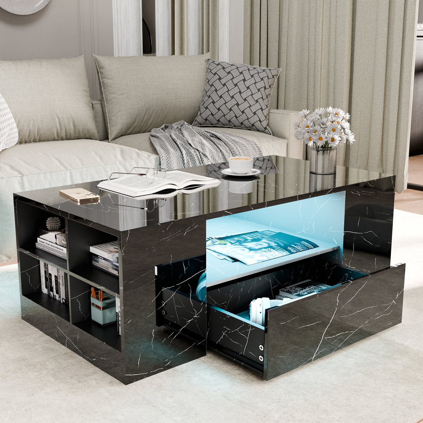 High Gloss Coffee Table With Storage & LED Lights