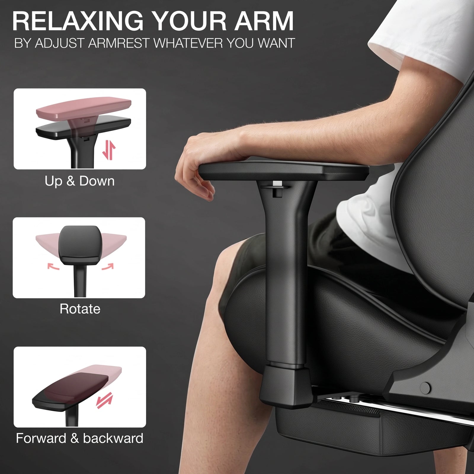 [Black + Red] An ergonomic gaming chair armrest shown up the armrest options: up and down, rotate, and forward and backward.
