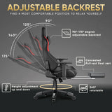[Black + Red] An infographic showing a gaming chair with callouts for adjustable backrest angles from 90° to 175°, height adjustment up and down, etc.