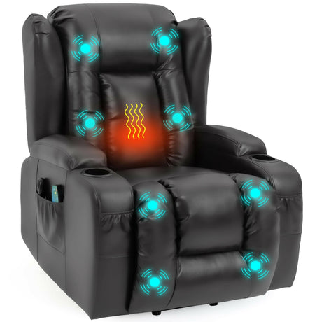 Black recliner chair with massage and heat features, ideal for elderly. Offers full-body relaxation and ergonomic support.