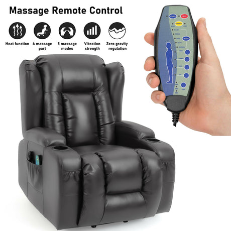 Black riser recliner chair with remote control showing different functions including massage duration, intensity and mode.