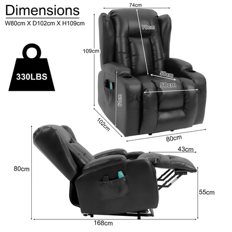 dimensions of black recliner chairs for elderly: upright (H109, W80, D102cm), and reclined (L168cm H80cm).