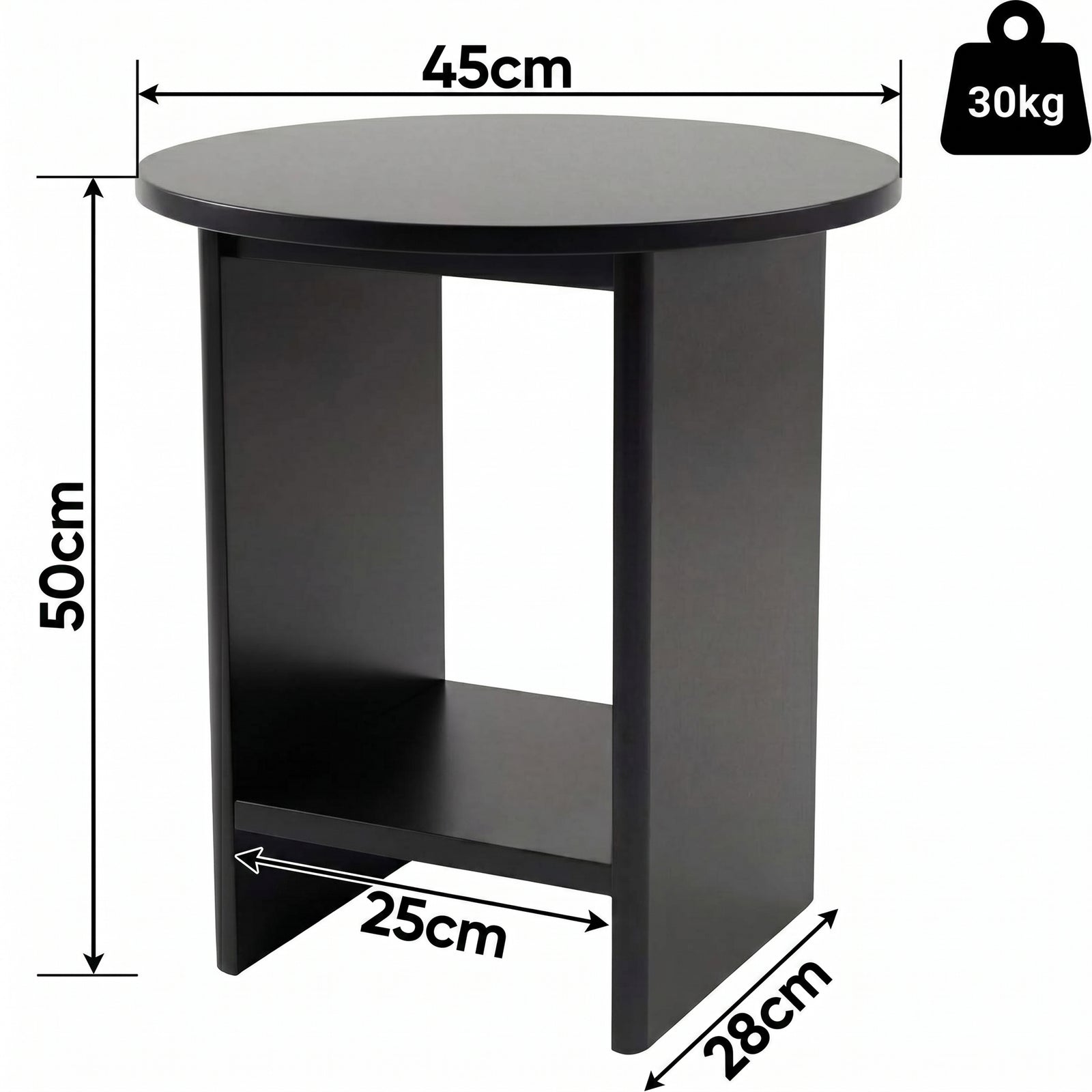 [Black] Small Round Side Table with Shelf Living Room dimensions diagram showing 45cm diameter top, 50cm height, 28cm depth and 30kg weight capacity