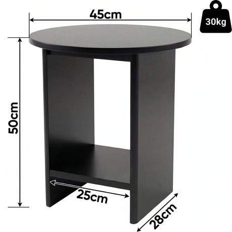 [Black] Small Round Side Table with Shelf Living Room dimensions diagram showing 45cm diameter top, 50cm height, 28cm depth and 30kg weight capacity