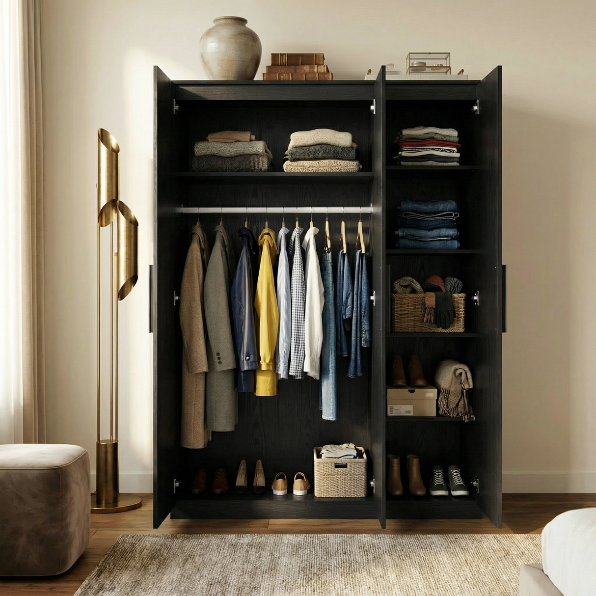 [Black]  three door wardrobe interior with hanging rail section and multiple storage shelves