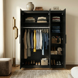 [Black]  three door wardrobe interior with hanging rail section and multiple storage shelves