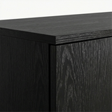 [Black]  Top corner panel detail of black rustic wardrobe highlighting wood grain texture and edge finish