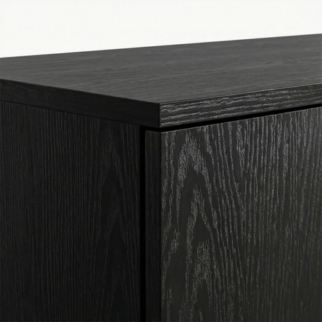 [Black]  Top corner panel detail of black rustic wardrobe highlighting wood grain texture and edge finish