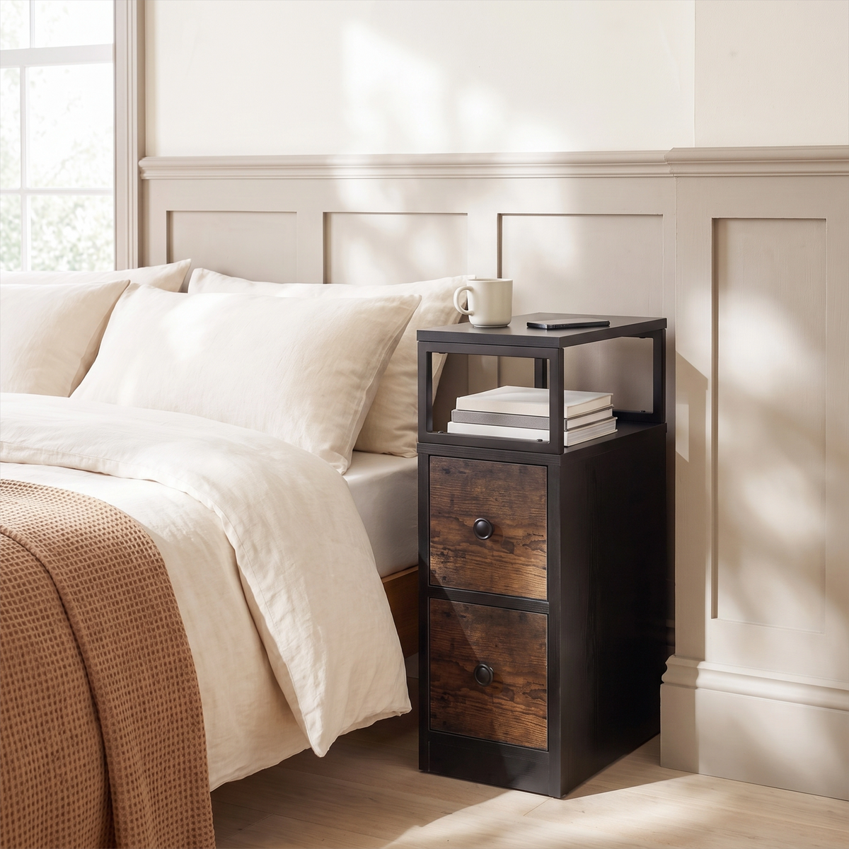 [Black + Rustic] Narrow side table with storage beside a bed, holding a lamp and small bedroom essentials