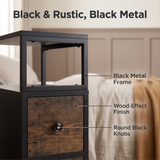 [Black + Rustic] Side table finish graphic: Black & Rustic, Black Metal; wood-effect panels and round black knobs