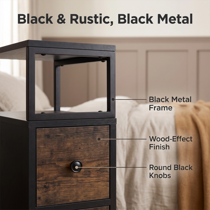 [Black + Rustic] Side table finish graphic: Black & Rustic, Black Metal; wood-effect panels and round black knobs