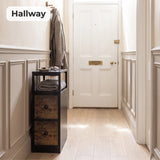 [Black + Rustic] Narrow side table with storage in a hallway, with two drawers and an open display shelf