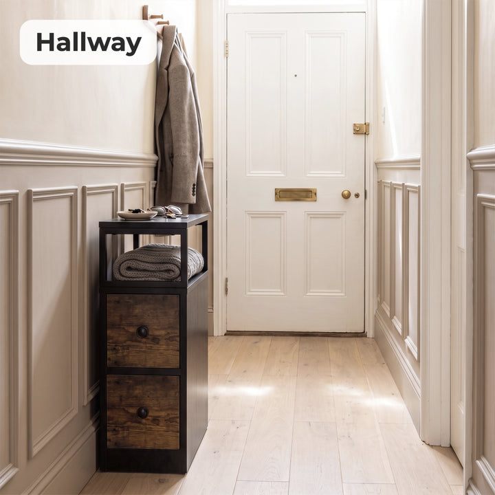 [Black + Rustic] Narrow side table with storage in a hallway, with two drawers and an open display shelf