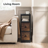 [Black + Rustic] Narrow side table with storage beside a sofa, holding a lamp, plant and living room essentials