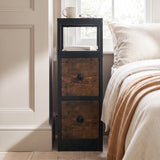[Black + Rustic] Narrow side table with storage, two drawers, open shelf, metal frame and wood-effect top