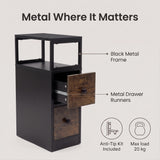 [Black + Rustic] Side table graphic: black metal frame, metal drawer runners, anti-tip kit and 20 kg max load