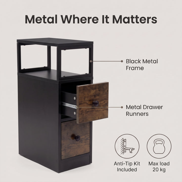 [Black + Rustic] Side table graphic: black metal frame, metal drawer runners, anti-tip kit and 20 kg max load