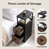 [Black + Rustic] Side table graphic: Three Levels of Storage - top surface, open shelf and two drawers