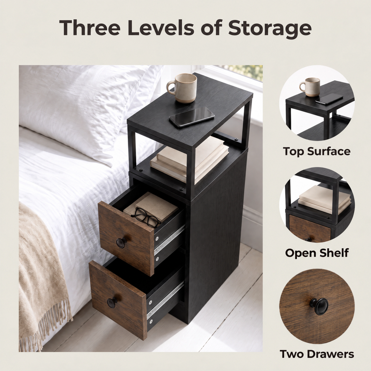 [Black + Rustic] Side table graphic: Three Levels of Storage - top surface, open shelf and two drawers