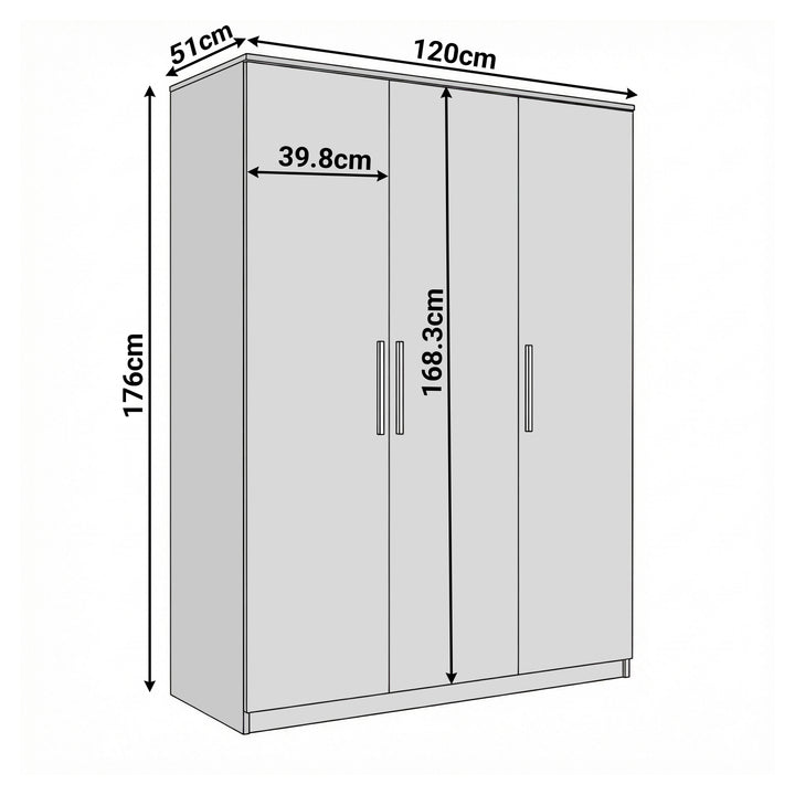[Black] Dimension Blythe wardrobe showing height 176 cm, width 120 cm and depth 51 cm