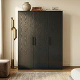 [Black]  triple door wardrobe front elevation with matte surface texture and centered wooden black handles