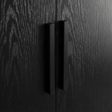 [Black] Close view of black wooden vertical handle mounted on textured rustic wood wardrobe door