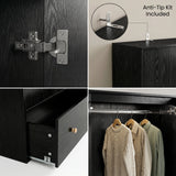[Black] Selby wardrobe detail showing soft-close hinges, anti-tip wall kit, bottom drawer open, and hanging rail with garments
