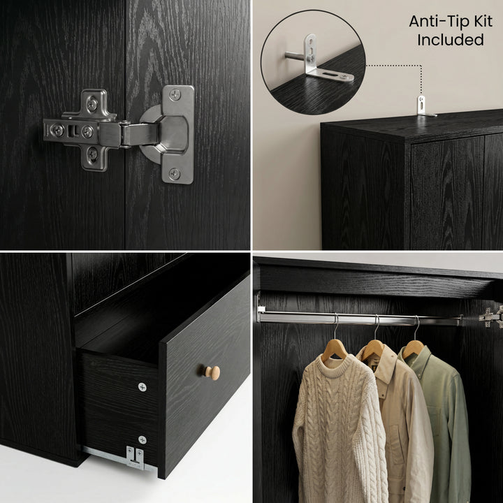 [Black] Selby wardrobe detail showing soft-close hinges, anti-tip wall kit, bottom drawer open, and hanging rail with garments