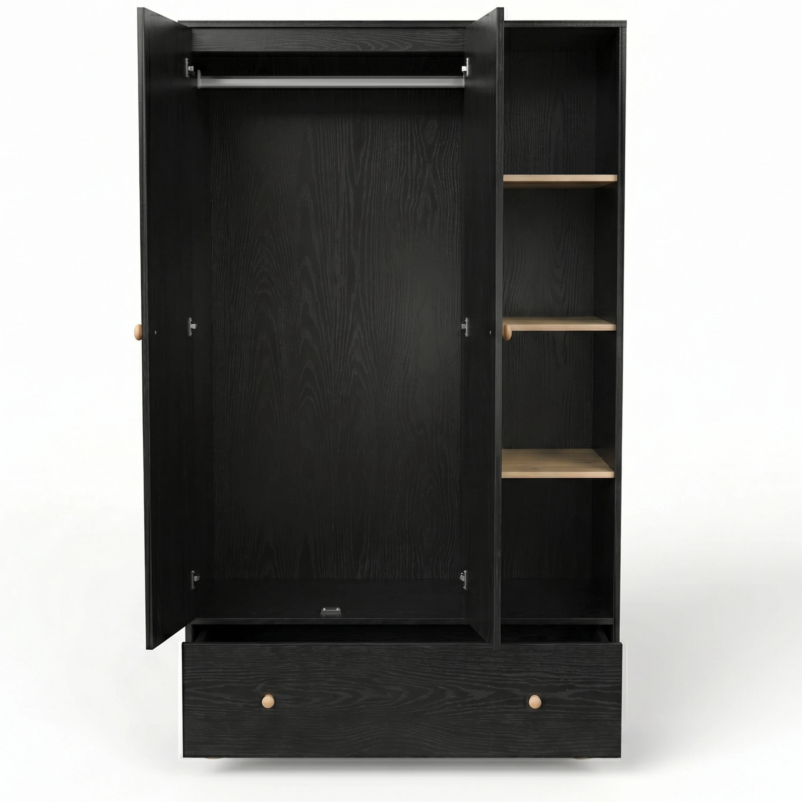 [Black] Selby wardrobe fully open front view on white background showing hanging rail, oak shelves, and wide bottom drawer