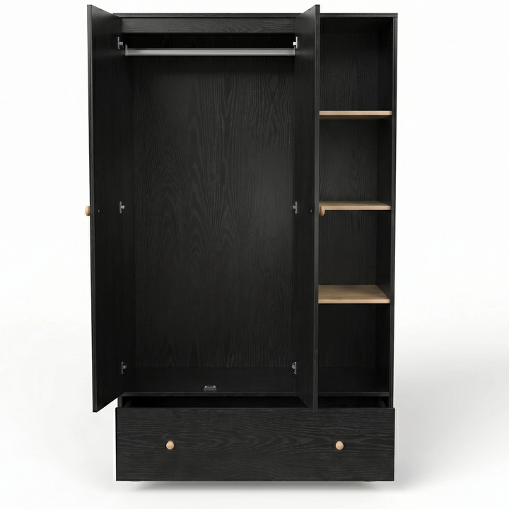 [Black] Selby wardrobe fully open front view on white background showing hanging rail, oak shelves, and wide bottom drawer