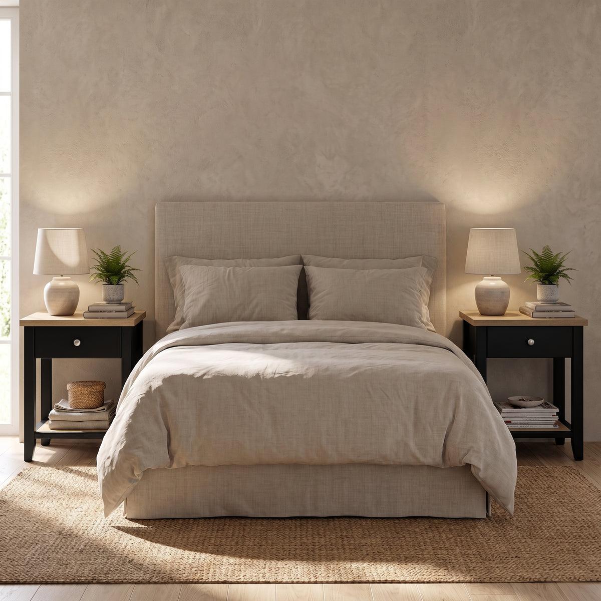 [Black] Full bedroom setup featuring two Black Shaker Bedside Tables placed beside a neutral bed.