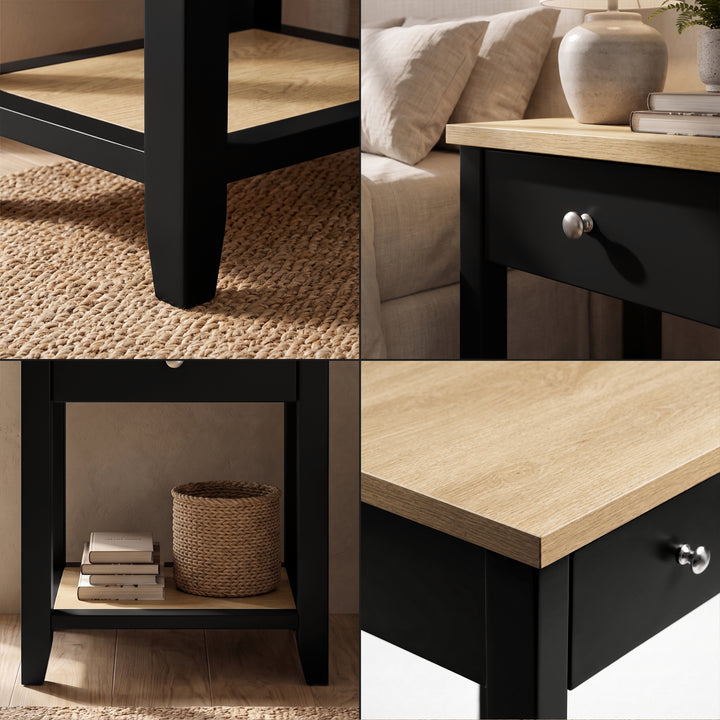 [Black] 4-panel detail collage showcasing knob, legs, shelf, and oak top on Black Shaker Bedside Table.