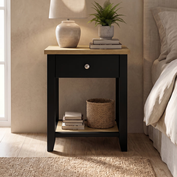 [Black] Front view of Black Shaker Bedside Table showing single drawer and lower open storage shelf.
