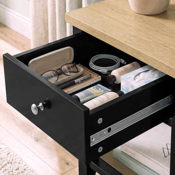 [Black] Open drawer detail of Black Shaker Bedside Table showing internal storage capacity.