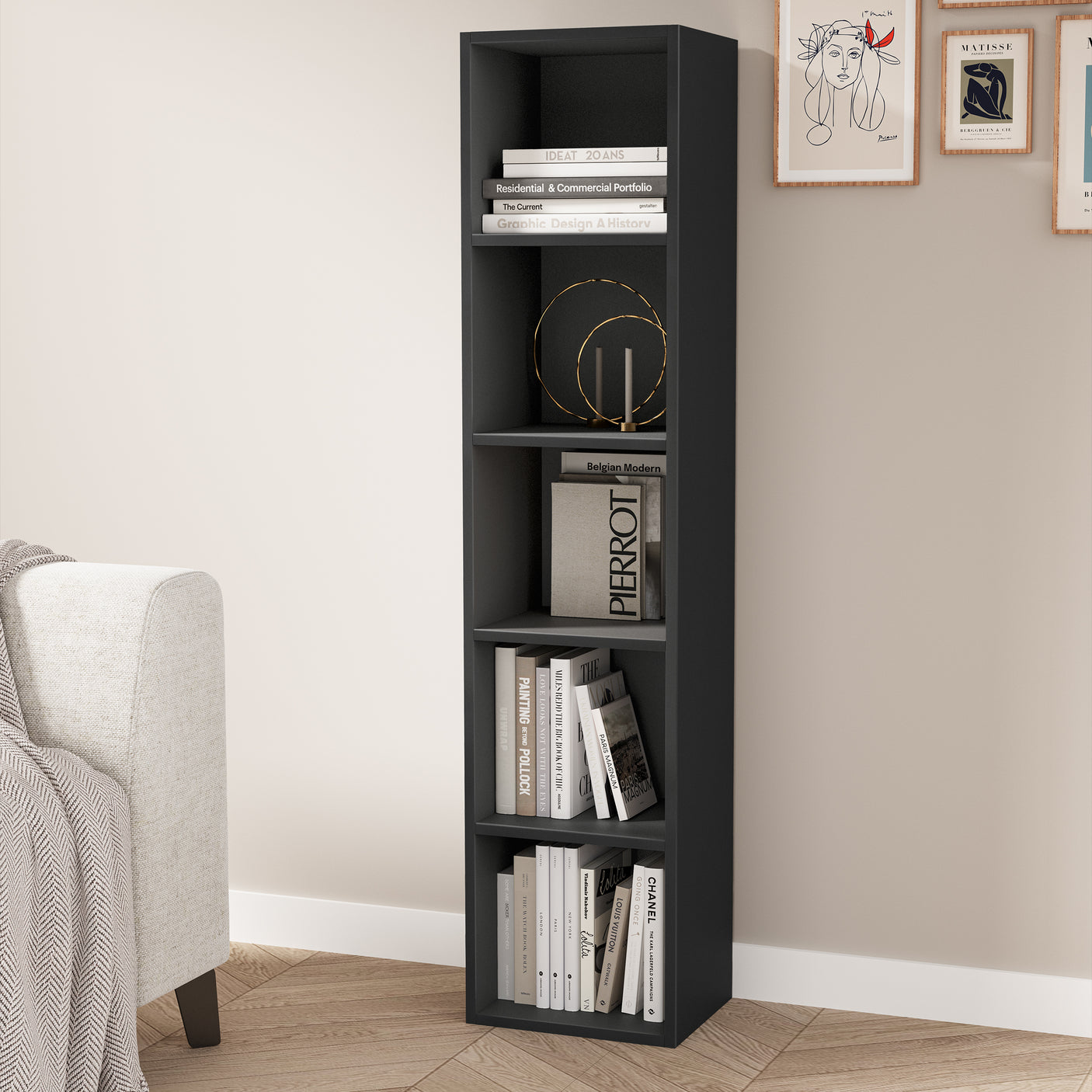 Slim black 5 tier bookcase styled with books and decor, perfect for minimalist or contemporary interiors.