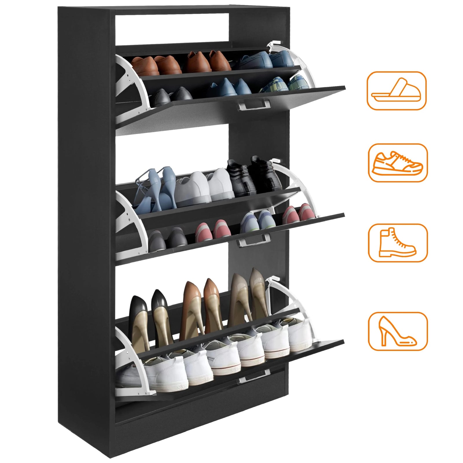 [Black] Black tall shoe storage cabinet with 3 flip drawers, shown with various shoe types and icons for versatility in hallway organization.