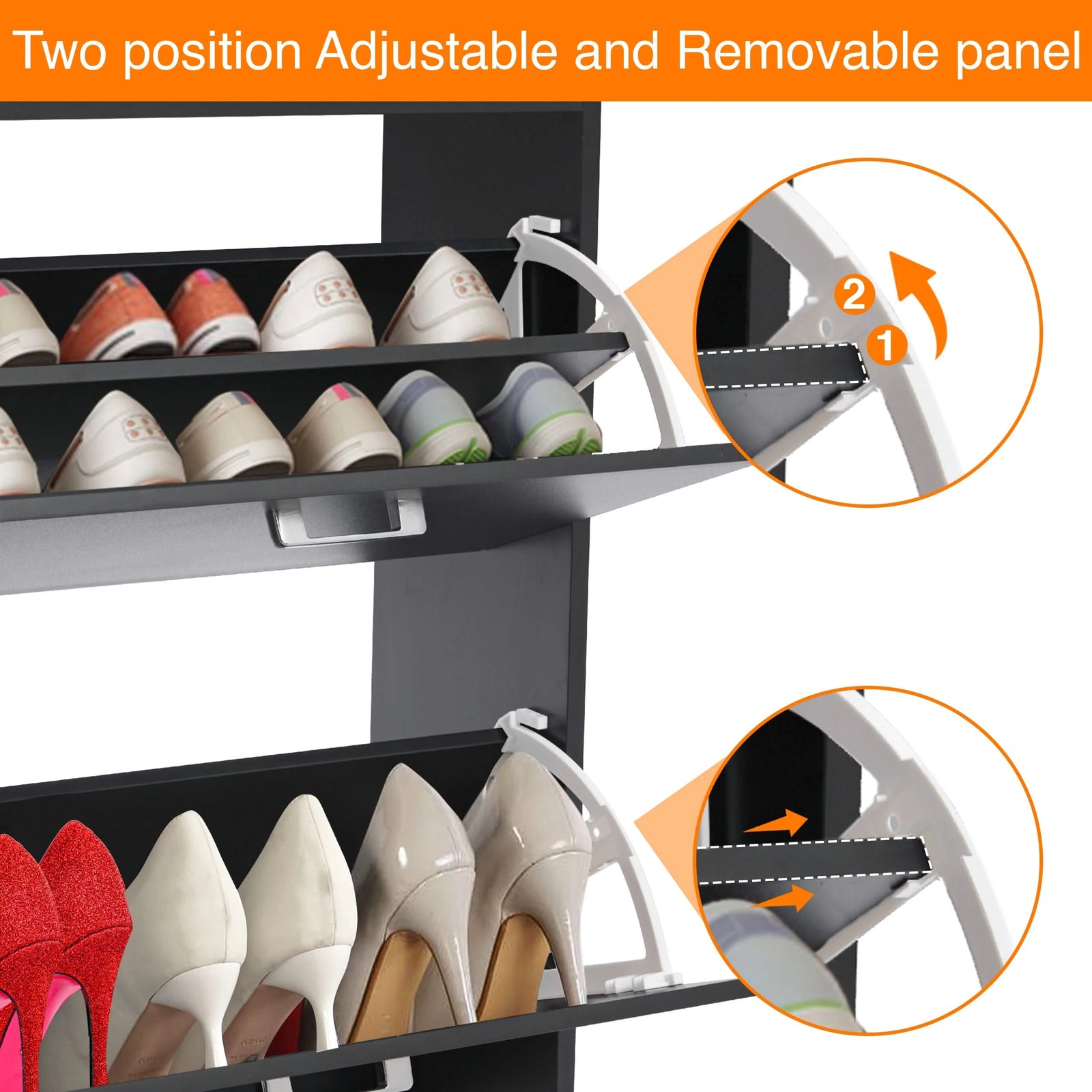[Black] Close-up of adjustable and removable panel in slim shoe cabinet, demonstrating customizable storage for different shoe heights.