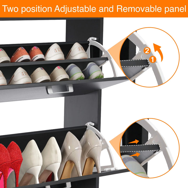 [Black] Close-up of adjustable and removable panel in slim shoe cabinet, demonstrating customizable storage for different shoe heights.