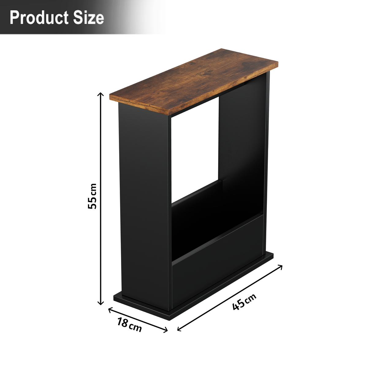 Black narrow side table with a rustic top, perfect for adding character to any space.