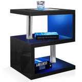 Black side table with LED lights and storage shelves for small decorative items.