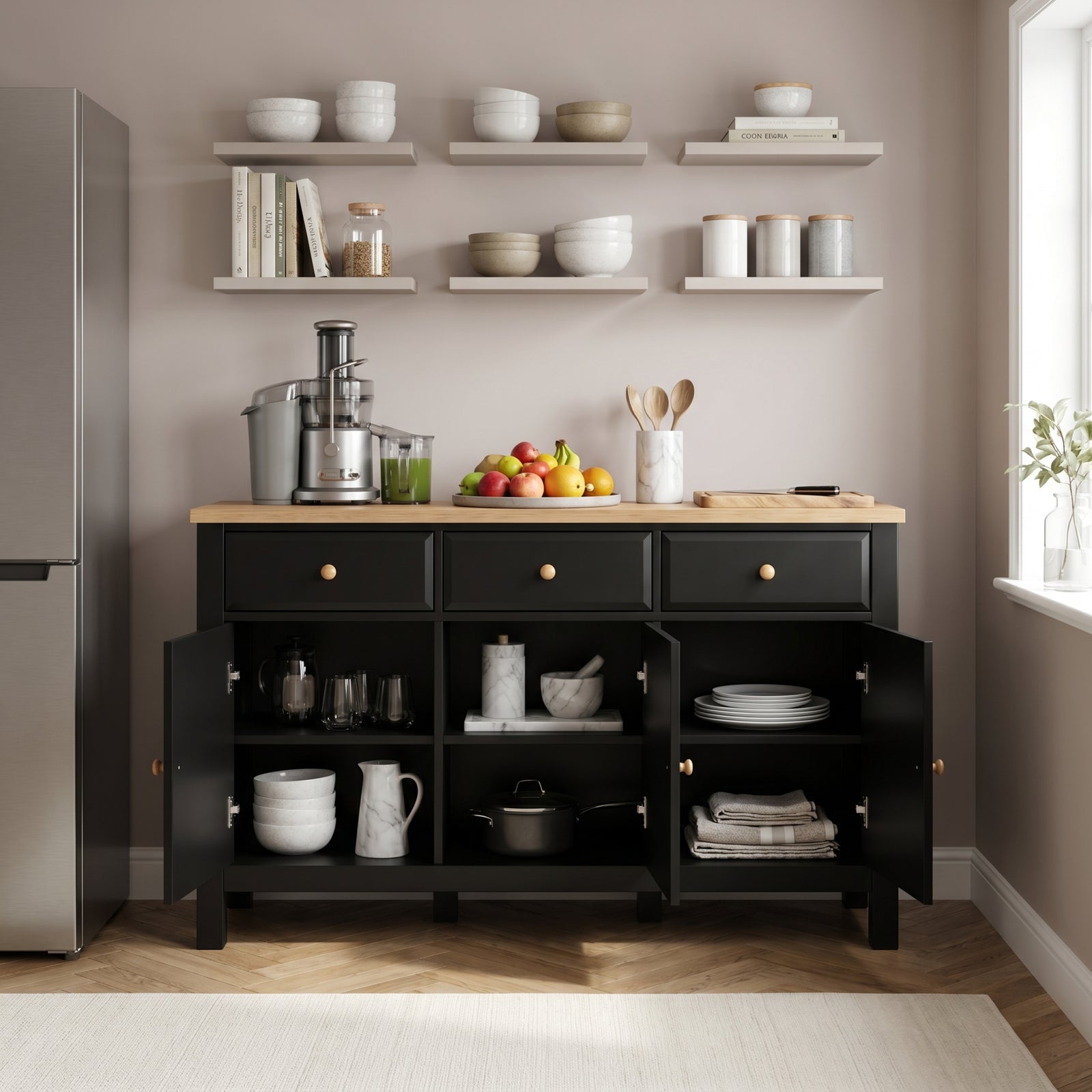 [Black] Haven Large Black Sideboard with Drawers & Oak Top, Painted Finish kitchen storage setup with all three doors open.