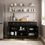 [Black] Haven Large Black Sideboard with Drawers & Oak Top, Painted Finish kitchen storage setup with all three doors open.