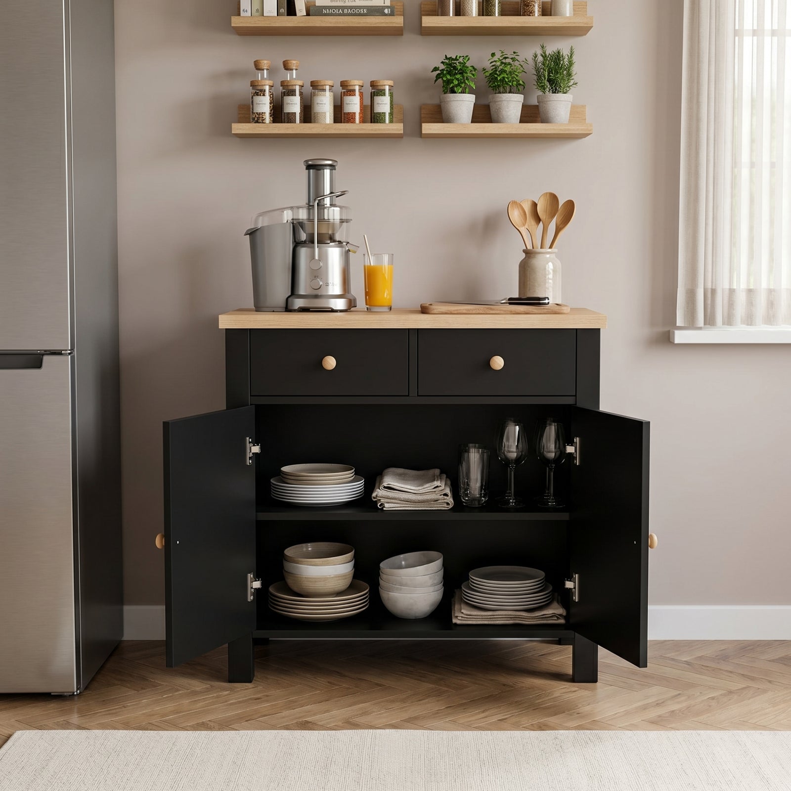 Linra Black Painted 2 Door Sideboard with Drawers - Oak Top