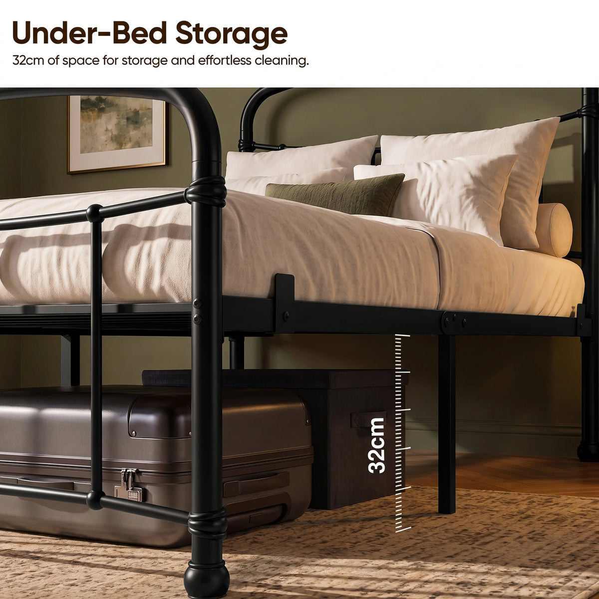 [Black | Single] Storage graphic showing a suitcase and fabric box below the bed, with ruler marking 32cm clearance.