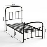 [Black | Single] Size diagram showing 98x198cm frame, 120cm headboard, 77cm footboard, and 32cm under-bed clearance.