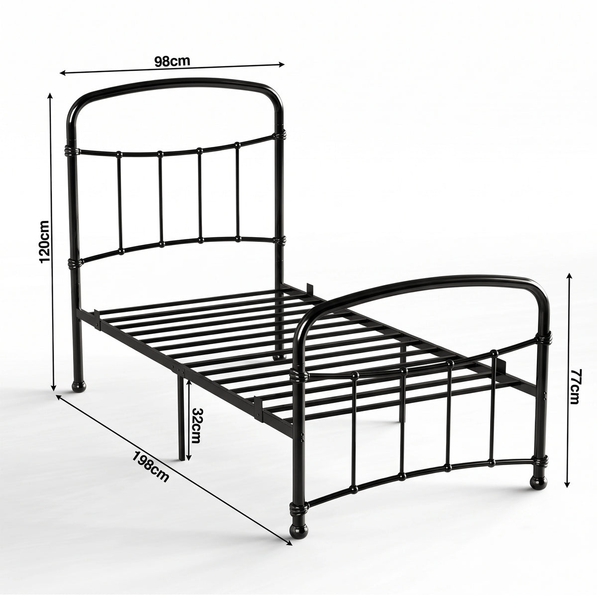 [Black | Single] Size diagram showing 98x198cm frame, 120cm headboard, 77cm footboard, and 32cm under-bed clearance.