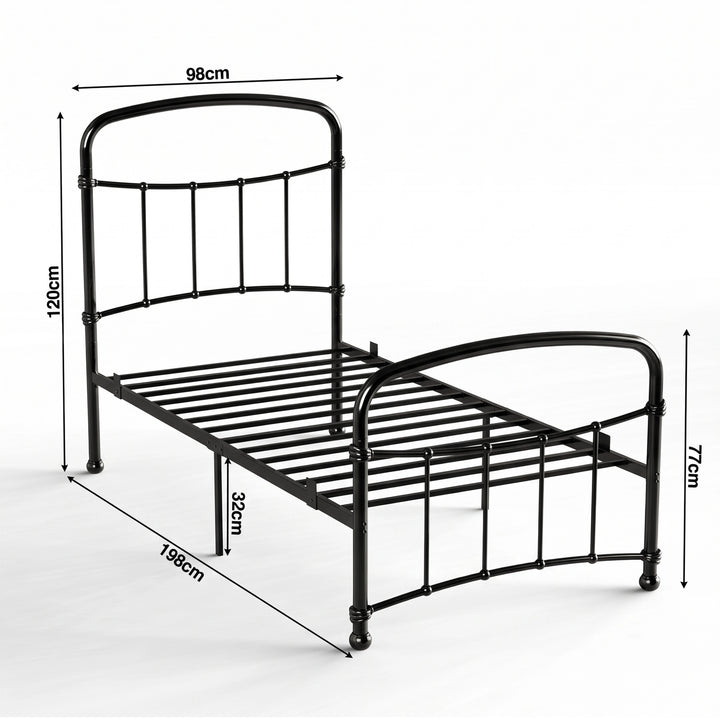 [Black | Single] Size diagram showing 98x198cm frame, 120cm headboard, 77cm footboard, and 32cm under-bed clearance.